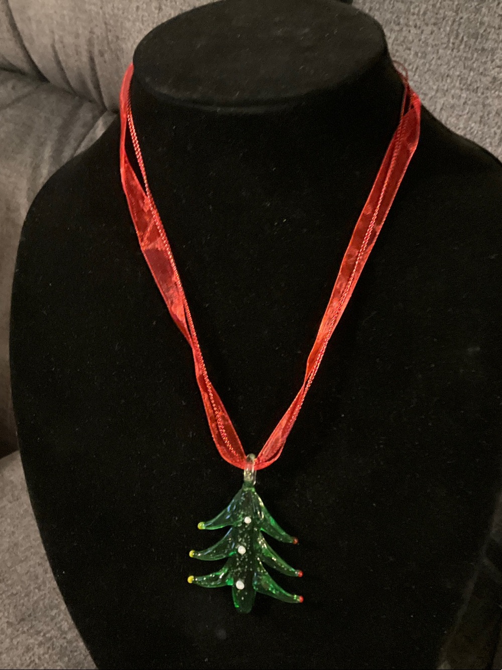 Green Glass Christmas Tree Pendant Necklace with Red Ribbon